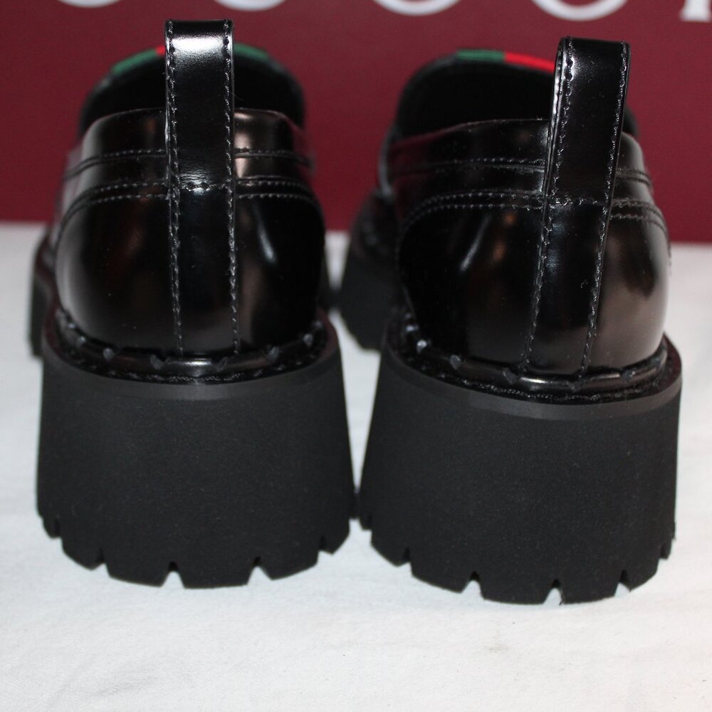 NWB GUCCI Lug Sole Penny Loafers Black Web Slip Ons 806399 - Picture 5 of 8